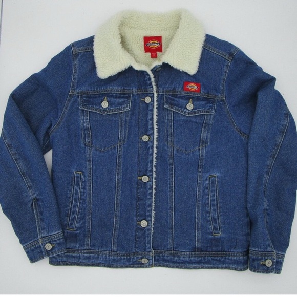 DICKIES Sherpa Lined Fleece Denim Jean Trucker Jacket Women S Small NWOT - Picture 1 of 6